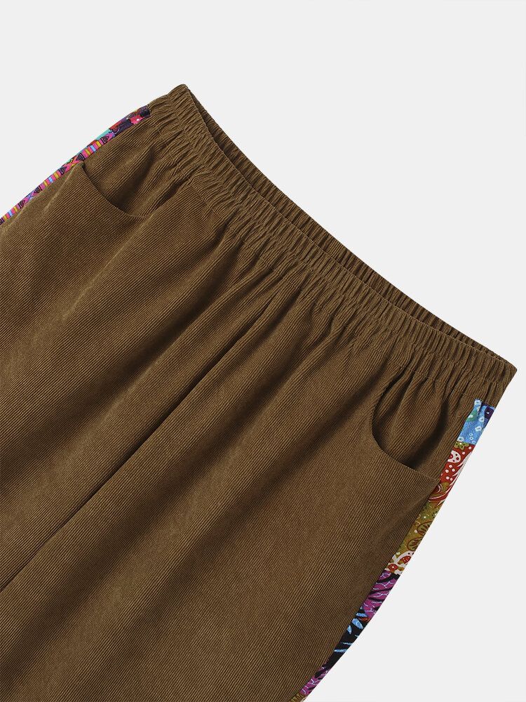 Pantalones De Cintura Elástica De Retazos Con Estampado Vintage De Pana Para Mujer Con Bolsillo