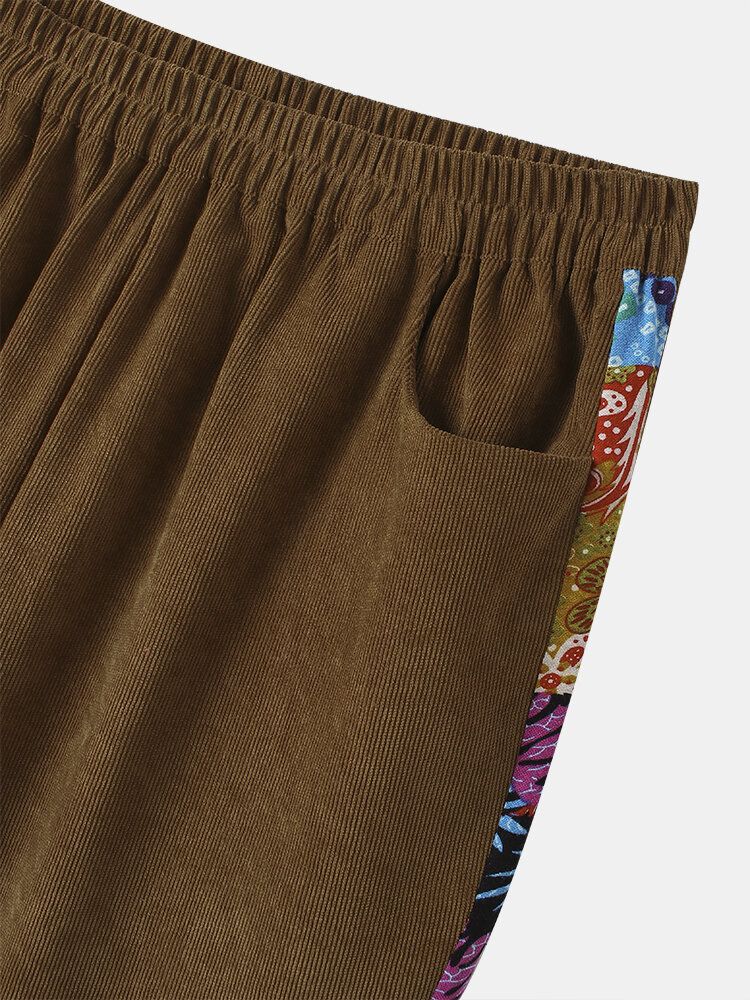 Pantalones De Cintura Elástica De Retazos Con Estampado Vintage De Pana Para Mujer Con Bolsillo