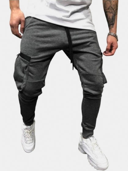 Pantalones Con Bolsillos Con Cremallera Para Hombre Cintura Con Cordón Casual Sólido Jogger Pantalones