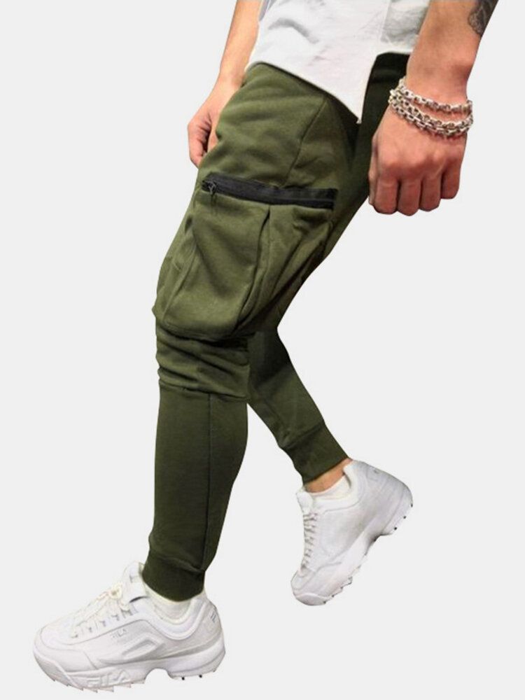 Pantalones Con Bolsillos Con Cremallera Para Hombre Cintura Con Cordón Casual Sólido Jogger Pantalones