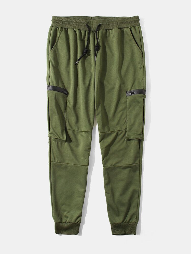 Pantalones Con Bolsillos Con Cremallera Para Hombre Cintura Con Cordón Casual Sólido Jogger Pantalones