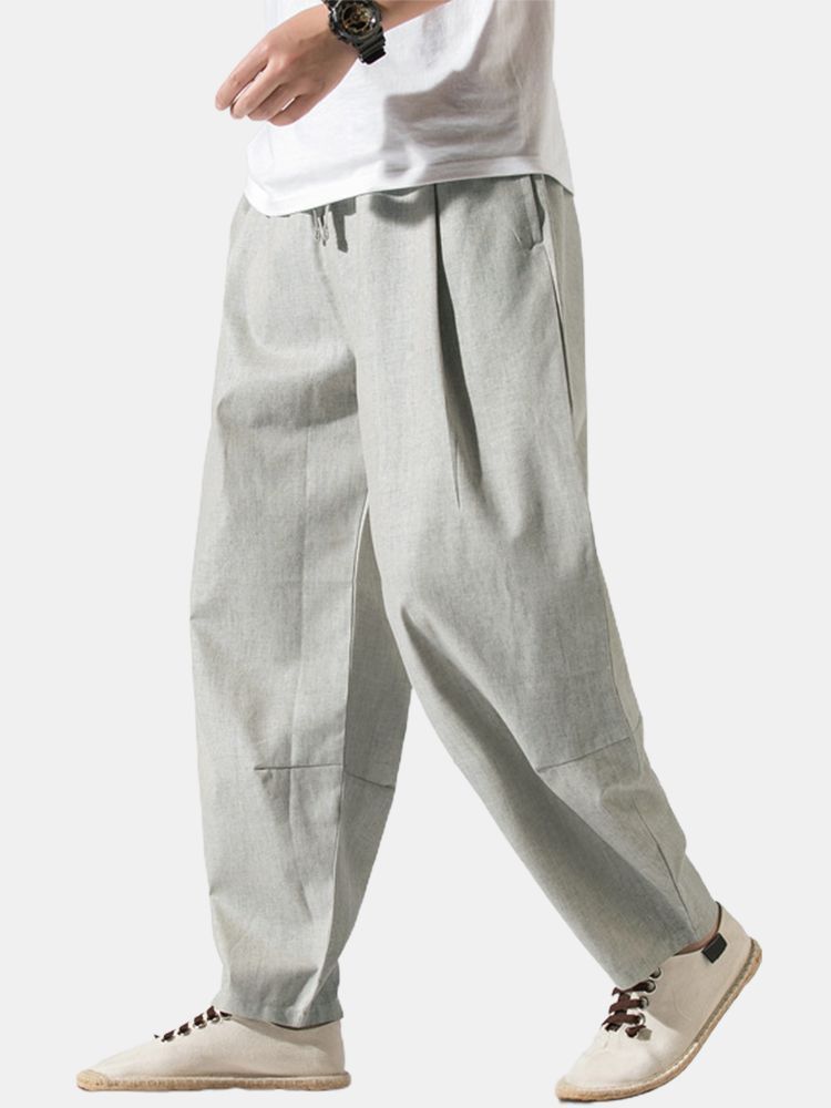 Pantalones Con Cordón Básico De Ajuste Relajado De Algodón De Color Sólido Para Hombre Con Bolsillo