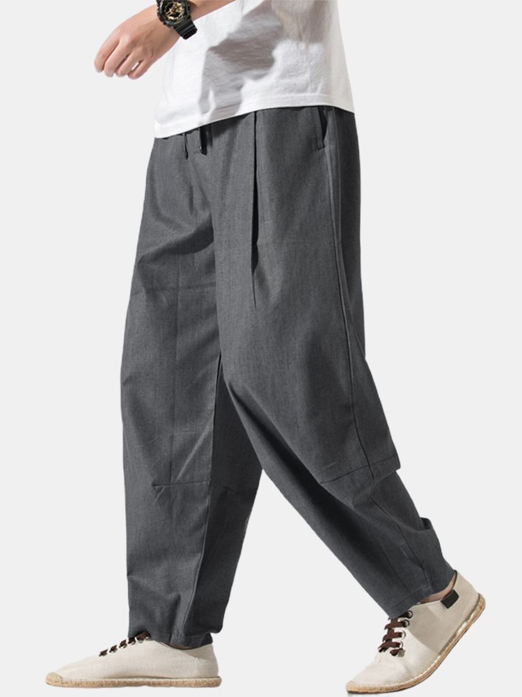 Pantalones Con Cordón Básico De Ajuste Relajado De Algodón De Color Sólido Para Hombre Con Bolsillo