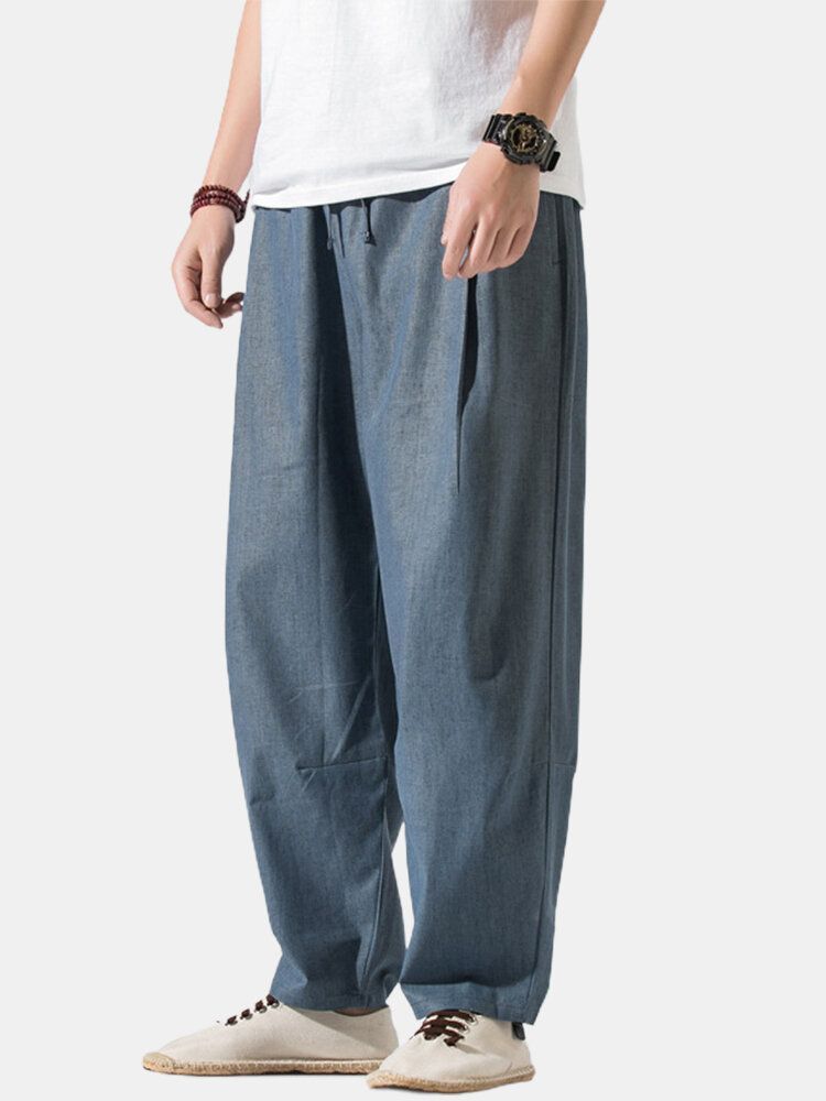 Pantalones Con Cordón Básico De Ajuste Relajado De Algodón De Color Sólido Para Hombre Con Bolsillo