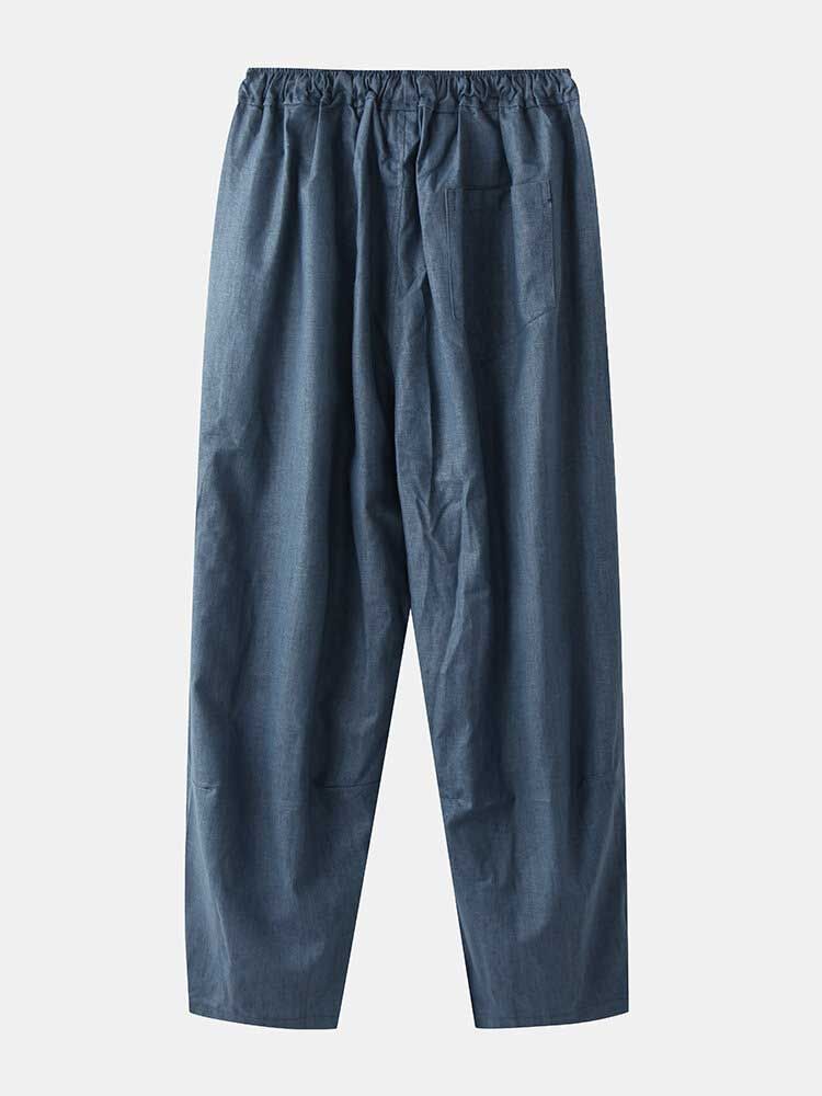 Pantalones Con Cordón Básico De Ajuste Relajado De Algodón De Color Sólido Para Hombre Con Bolsillo