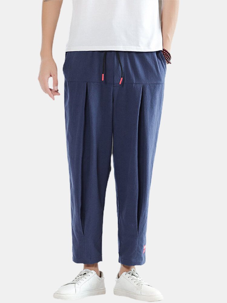 Pantalones Con Cordón De Bolsillo Plisado Estilo Chino De Lino Para Hombre