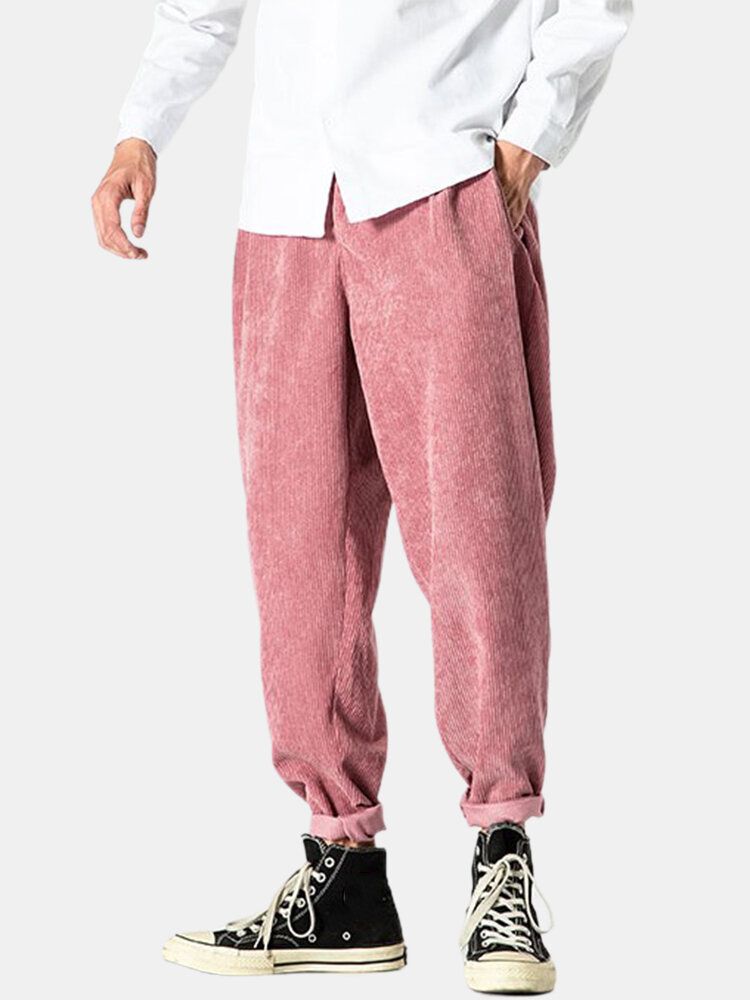 Pantalones Con Cremallera Sueltos Sólidos De Pana De Algodón Para Hombre Con Bolsillo