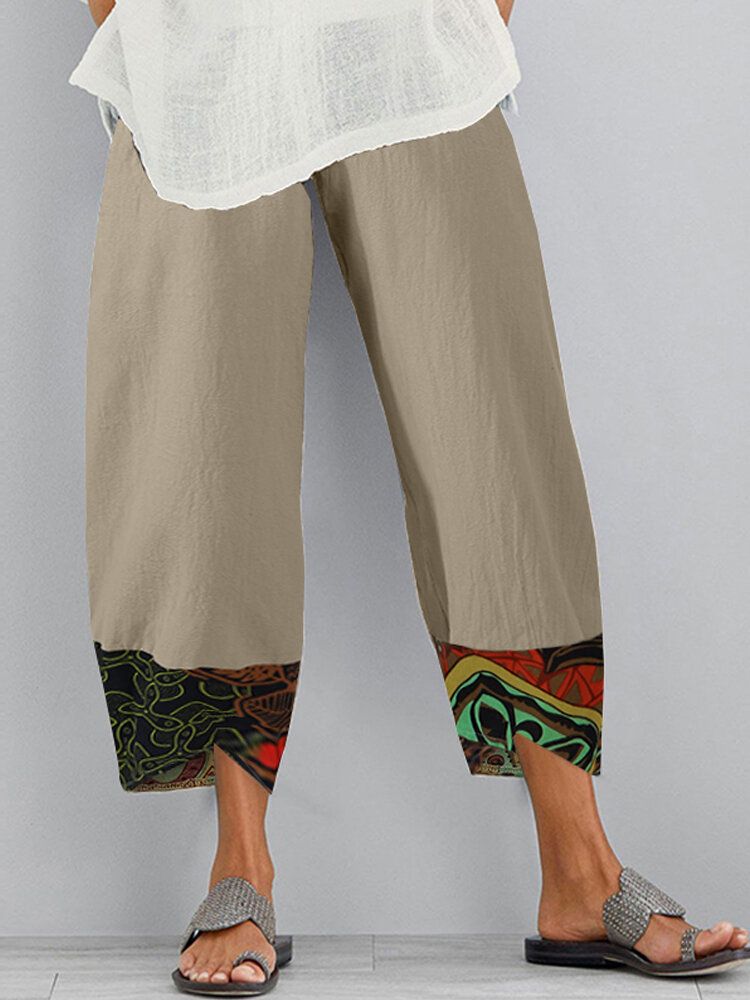 Pantalones Con Dobladillo Irregular De Bolsillo Lateral Con Cintura Elástica Y Estampado Étnico Para Mujer