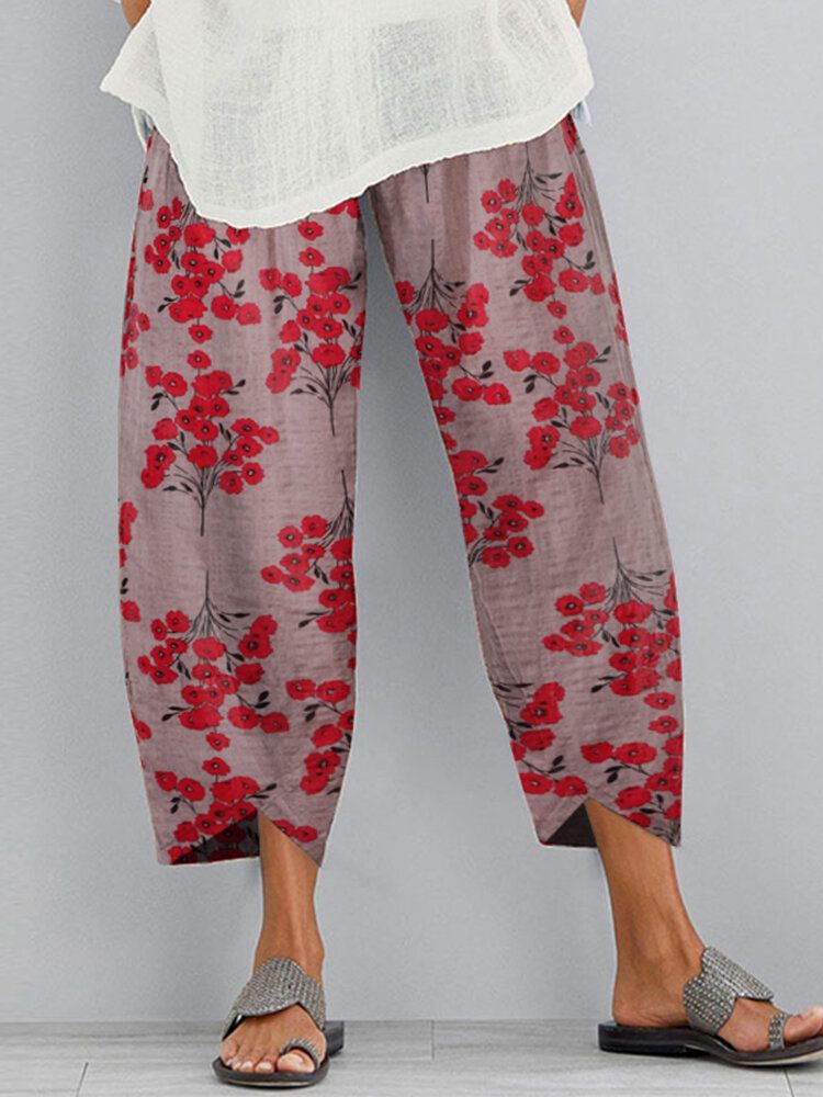 Pantalones Con Dobladillo Irregular Causal De Bolsillo Lateral Suelto Con Cintura Elástica Con Estampado Floral