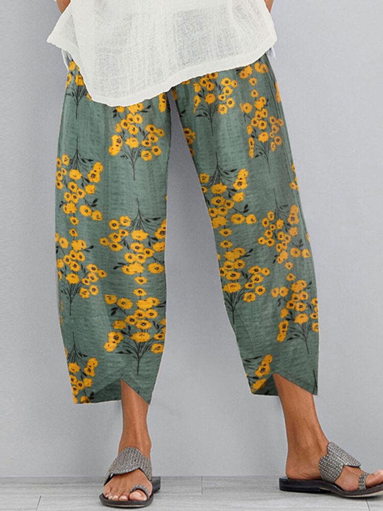 Pantalones Con Dobladillo Irregular Causal De Bolsillo Lateral Suelto Con Cintura Elástica Con Estampado Floral