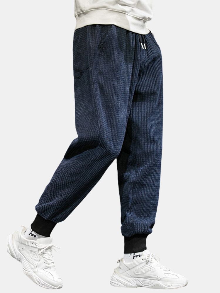 Pantalones Con Puños Con Cordón Y Apliques De Pana Para Hombre Con Bolsillo