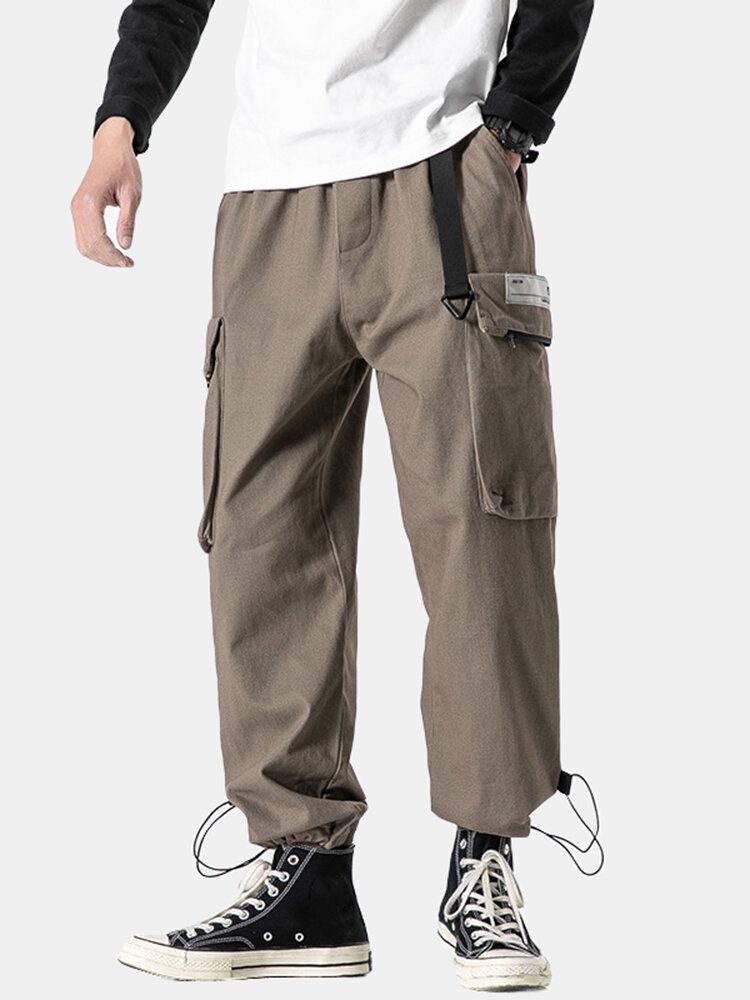 Pantalones Con Puños Con Cordón Y Cintura Estilo Cargo Con Hebilla De Empuje Para Hombre Con Bolsillo