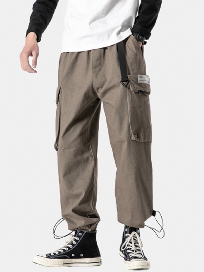 Pantalones Con Puños Con Cordón Y Cintura Estilo Cargo Con Hebilla De Empuje Para Hombre Con Bolsillo