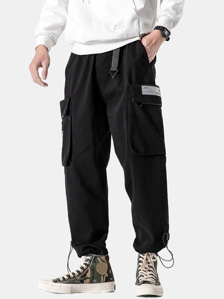 Pantalones Con Puños Con Cordón Y Cintura Estilo Cargo Con Hebilla De Empuje Para Hombre Con Bolsillo