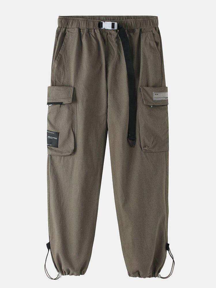 Pantalones Con Puños Con Cordón Y Cintura Estilo Cargo Con Hebilla De Empuje Para Hombre Con Bolsillo