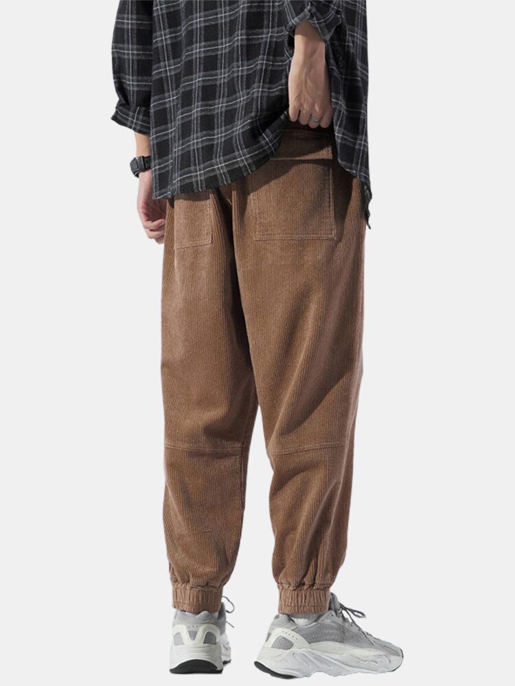 Pantalones Con Puños Elásticos Con Cordón De Color Sólido Y Detalle De Costura De Pana Para Hombre