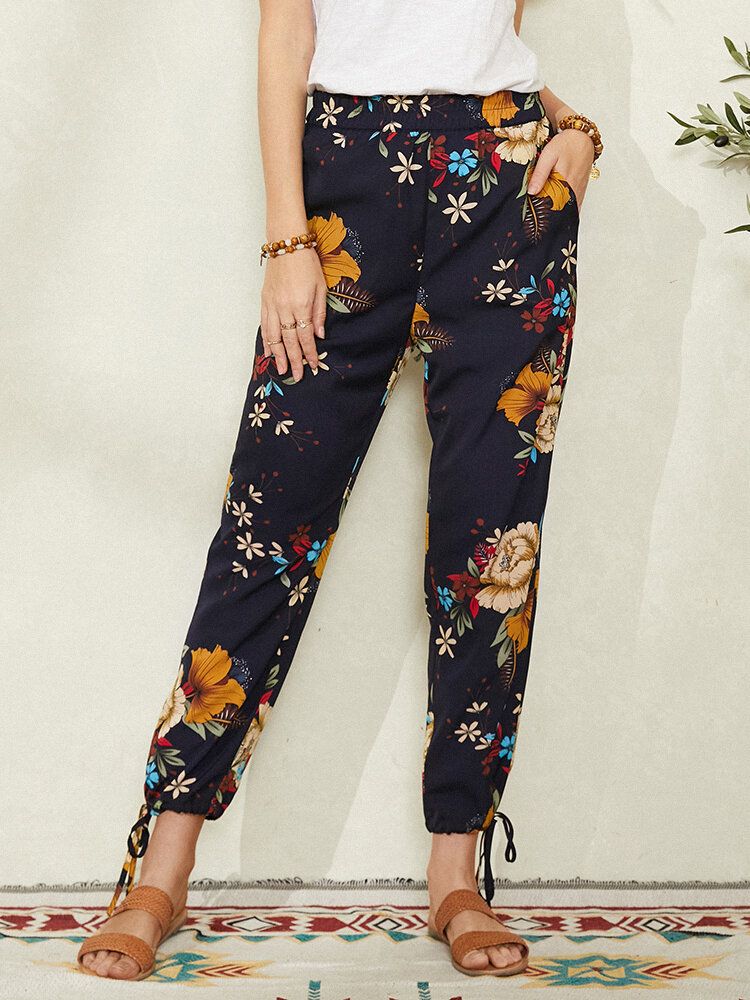 Pantalones Con Puños De Lazo Bohemio Con Estampado Floral Para Mujer Con Bolsillo