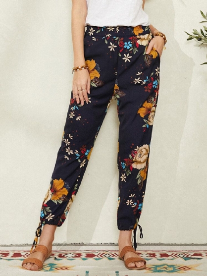 Pantalones Con Puños De Lazo Bohemio Con Estampado Floral Para Mujer Con Bolsillo