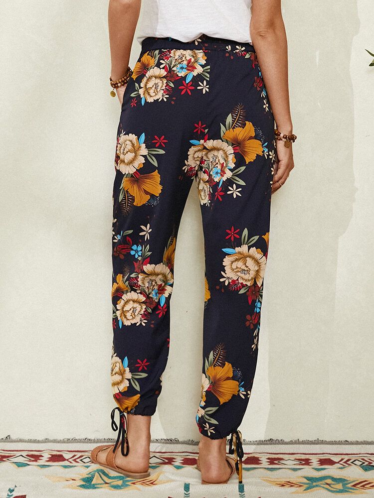 Pantalones Con Puños De Lazo Bohemio Con Estampado Floral Para Mujer Con Bolsillo