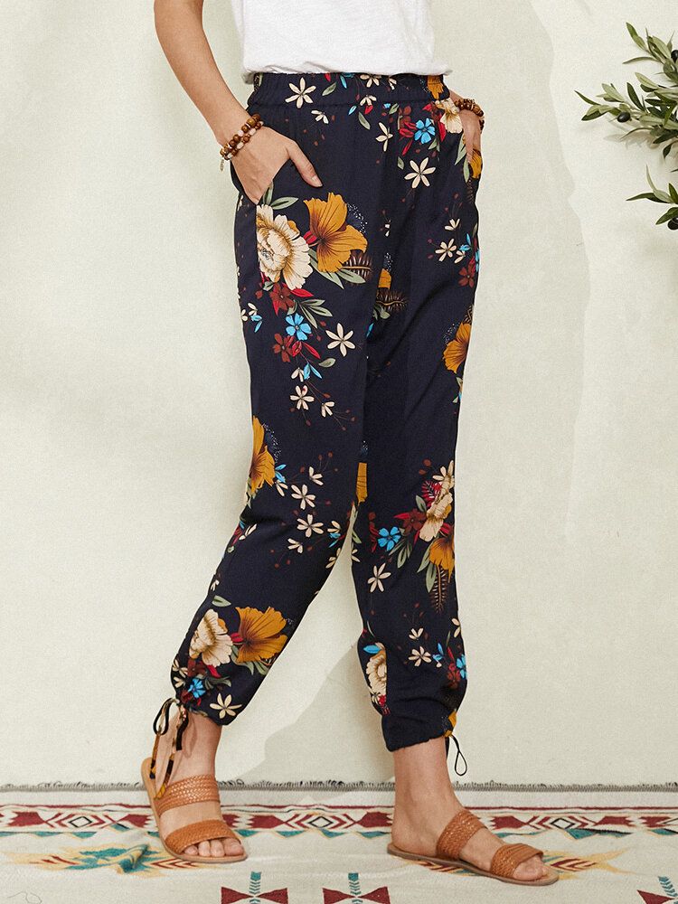 Pantalones Con Puños De Lazo Bohemio Con Estampado Floral Para Mujer Con Bolsillo