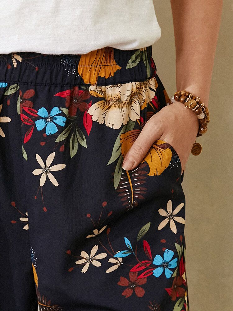 Pantalones Con Puños De Lazo Bohemio Con Estampado Floral Para Mujer Con Bolsillo