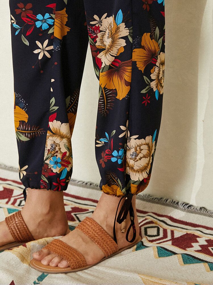 Pantalones Con Puños De Lazo Bohemio Con Estampado Floral Para Mujer Con Bolsillo