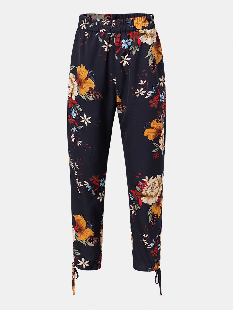 Pantalones Con Puños De Lazo Bohemio Con Estampado Floral Para Mujer Con Bolsillo