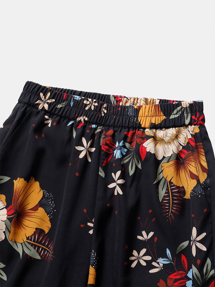 Pantalones Con Puños De Lazo Bohemio Con Estampado Floral Para Mujer Con Bolsillo