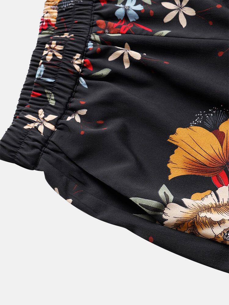 Pantalones Con Puños De Lazo Bohemio Con Estampado Floral Para Mujer Con Bolsillo