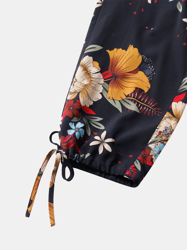 Pantalones Con Puños De Lazo Bohemio Con Estampado Floral Para Mujer Con Bolsillo