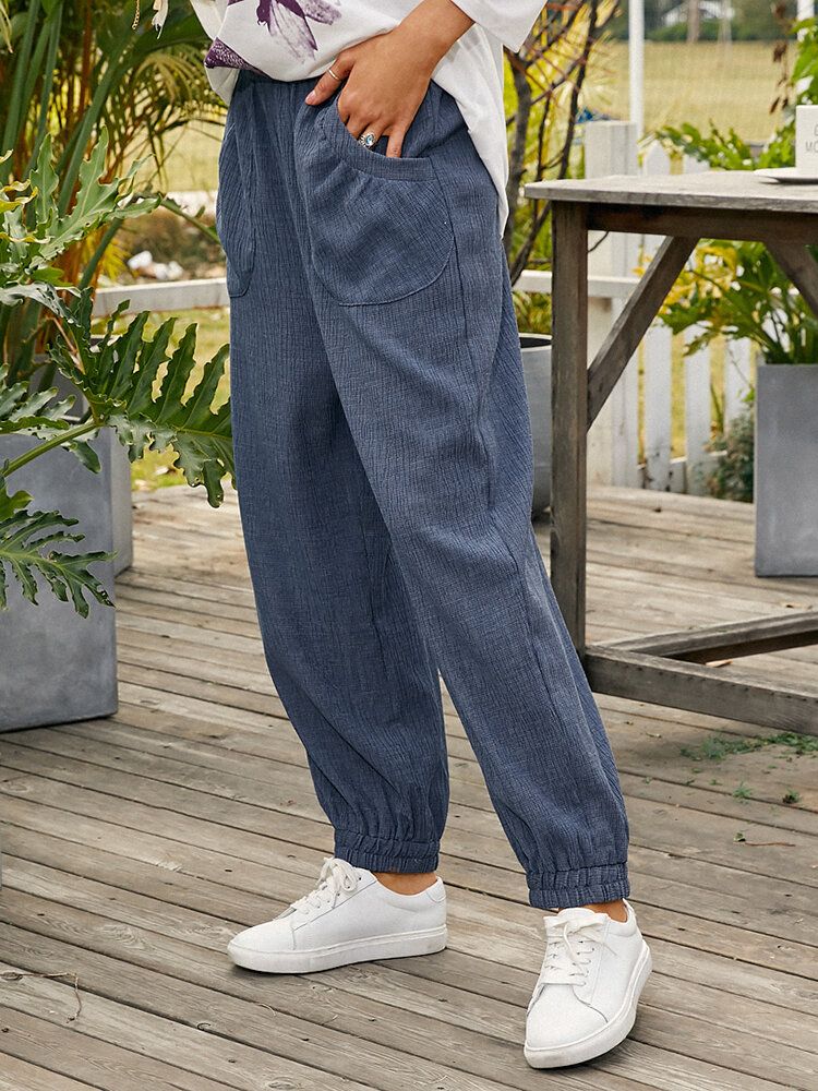 Pantalones Con Puños Simples De Cintura Elástica Con Textura De Color Puro Para Mujer