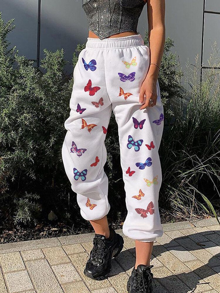 Pantalones Deportivos Casuales De Cintura Elástica Con Estampado De Mariposas Para Mujer Con Bolsillos