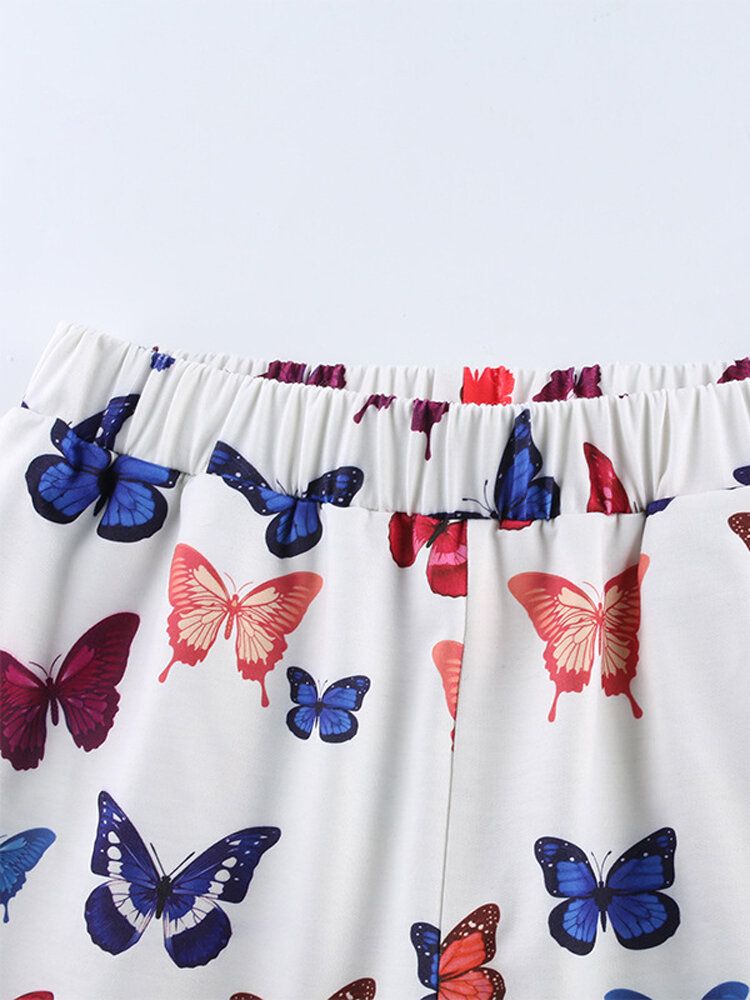 Pantalones Deportivos Casuales De Cintura Elástica Con Estampado De Mariposas Para Mujer Con Bolsillos