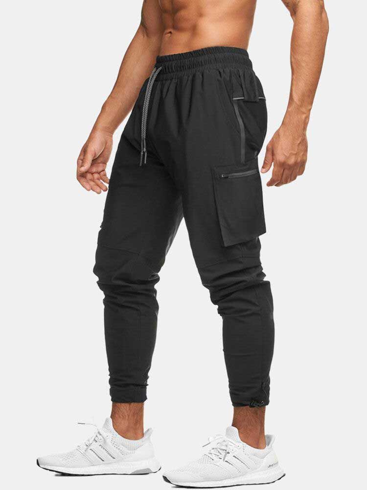 Pantalones Deportivos Tipo Jogging Cargo Con Cordón Reflectante Multibolsillos De Color Sólido Para Hombre