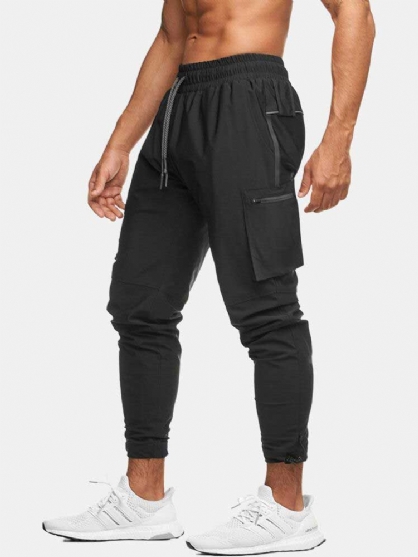 Pantalones Deportivos Tipo Jogging Cargo Con Cordón Reflectante Multibolsillos De Color Sólido Para Hombre