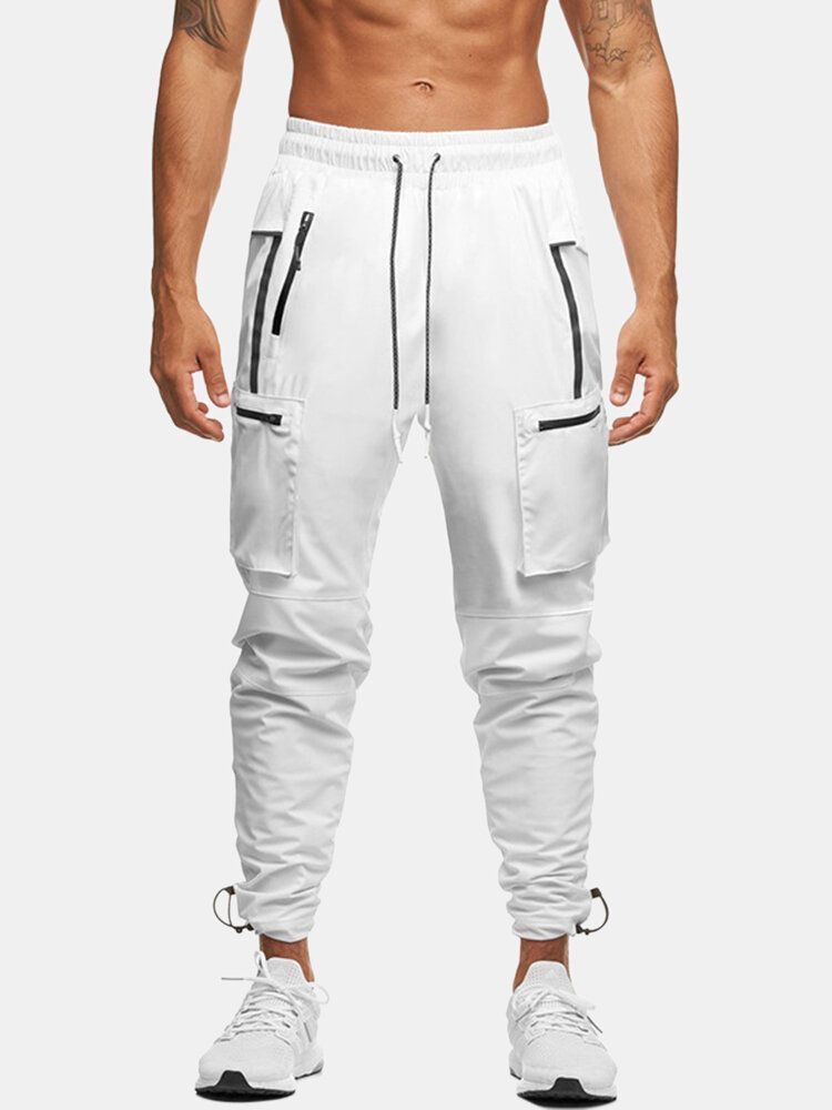 Pantalones Deportivos Tipo Jogging Cargo Con Cordón Reflectante Multibolsillos De Color Sólido Para Hombre