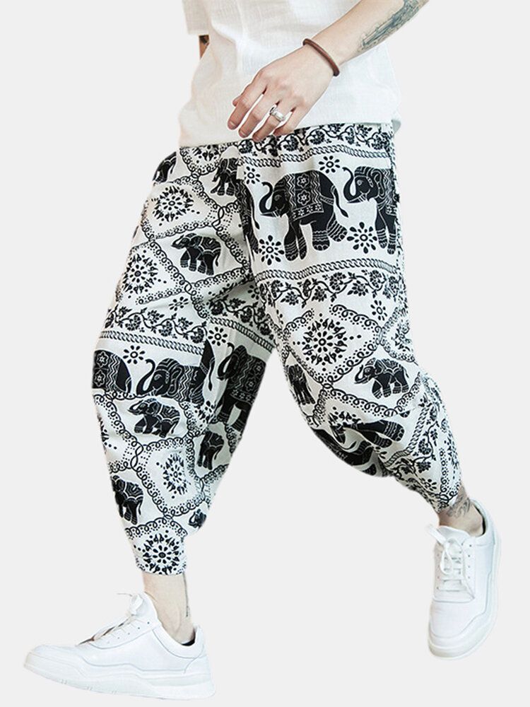 Pantalones Harem Asimétricos Con Cordón Y Estampado De Estilo Étnico Para Hombre