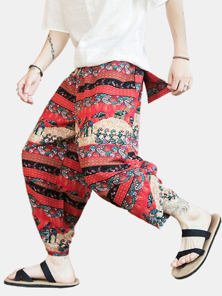 Pantalones Harem Asimétricos Con Cordón Y Estampado De Estilo Étnico Para Hombre