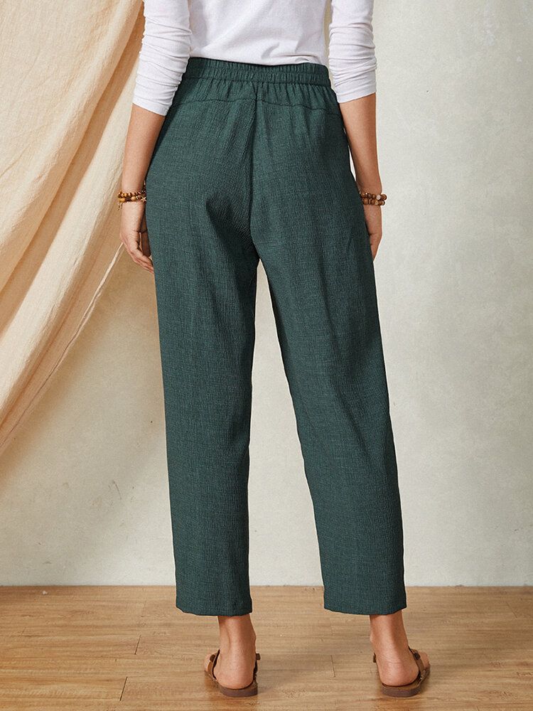 Pantalones Harem De Bolsillo Con Botones En La Cintura Elástica De Color Puro Pantalones Casuales De Mujer