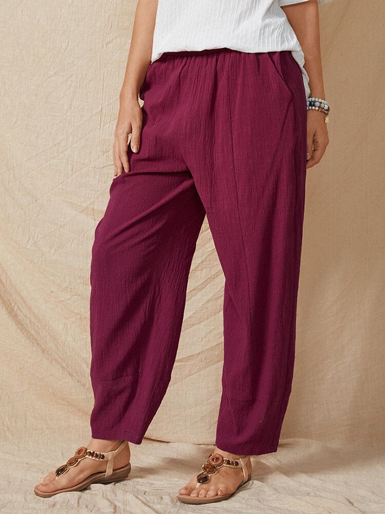 Pantalones Harem Casuales De Algodón Con Bolsillo Lateral De Color Sólido Con Cintura Elástica Para Mujer