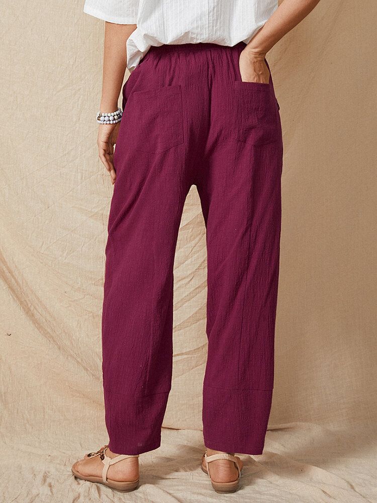 Pantalones Harem Casuales De Algodón Con Bolsillo Lateral De Color Sólido Con Cintura Elástica Para Mujer