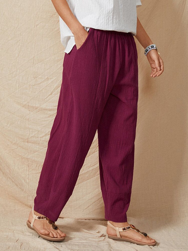 Pantalones Harem Casuales De Algodón Con Bolsillo Lateral De Color Sólido Con Cintura Elástica Para Mujer