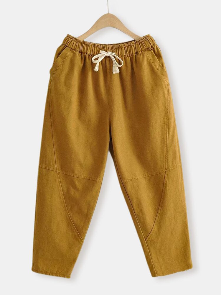 Pantalones Harem Casuales De Cintura Con Cordón De Color Sólido De Estilo Breve Para Mujer