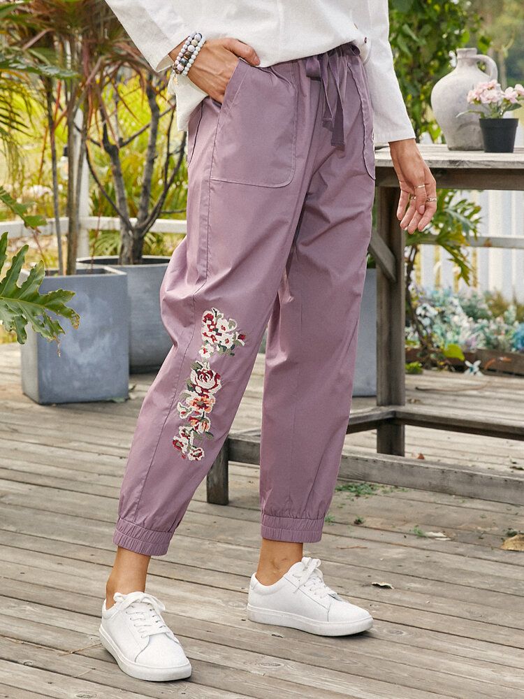 Pantalones Harem Casuales De Cintura Media Con Cordón Bordado Floral Para Mujer