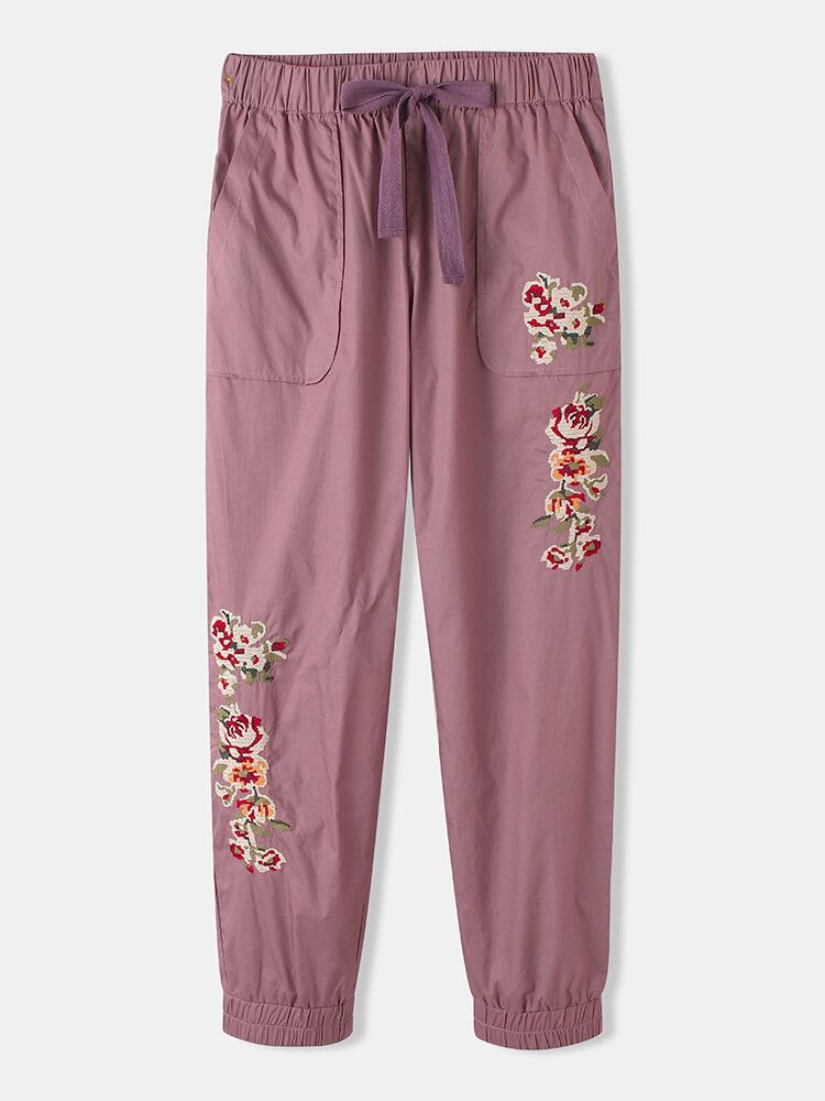 Pantalones Harem Casuales De Cintura Media Con Cordón Bordado Floral Para Mujer