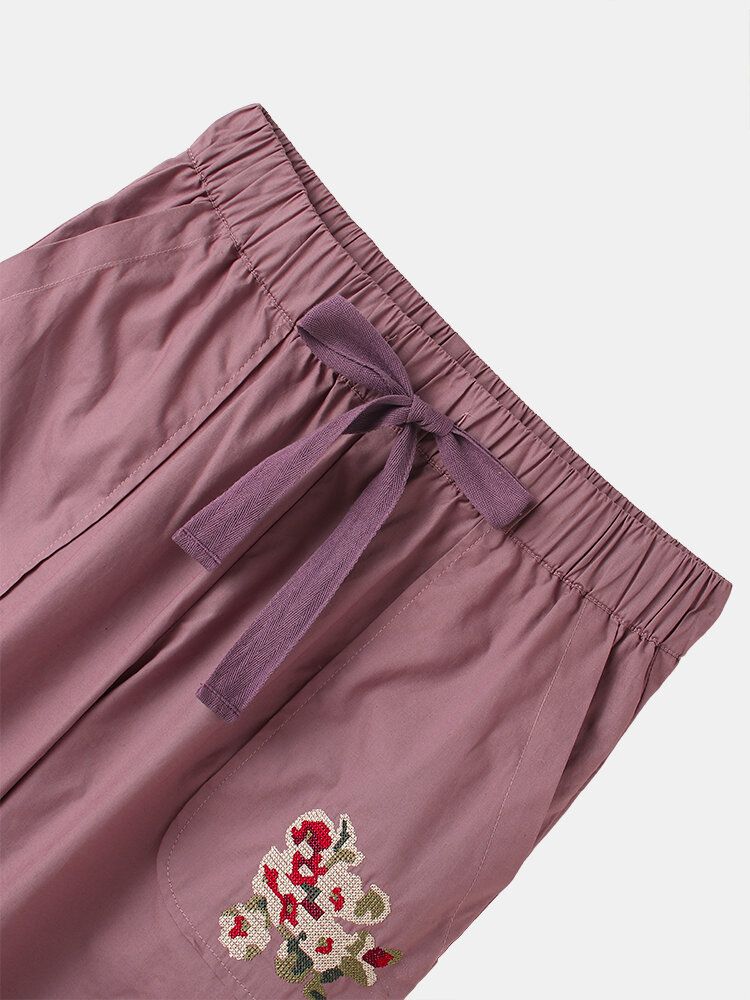 Pantalones Harem Casuales De Cintura Media Con Cordón Bordado Floral Para Mujer