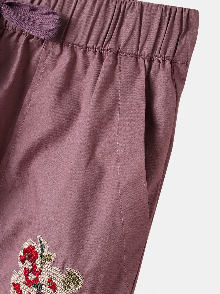 Pantalones Harem Casuales De Cintura Media Con Cordón Bordado Floral Para Mujer