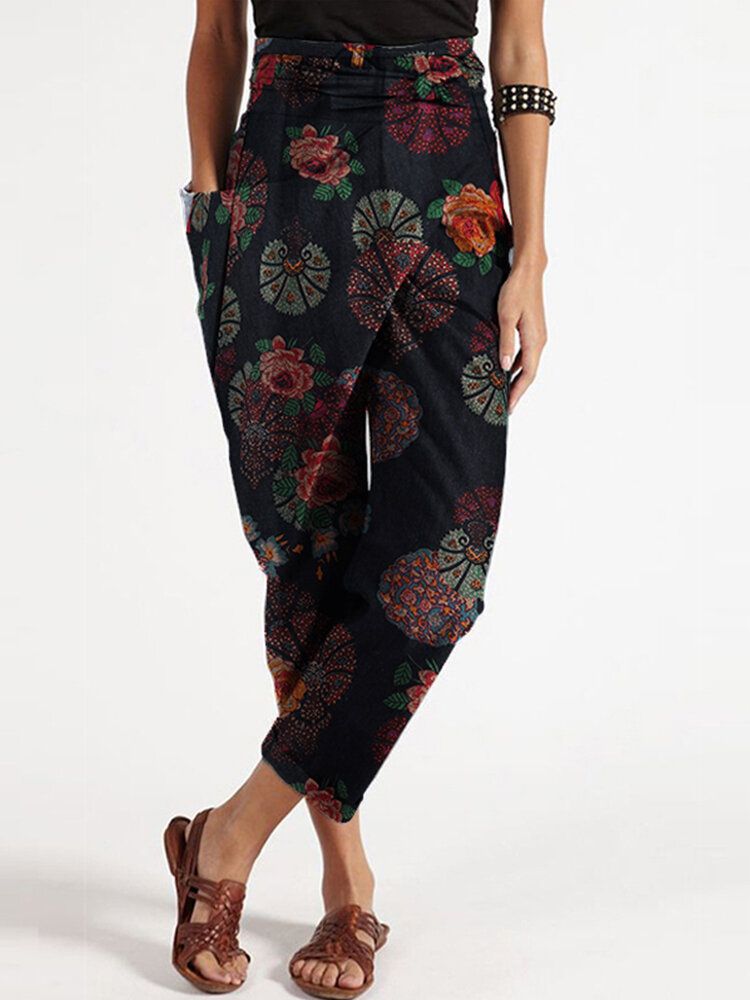 Pantalones Harem Casuales Irregulares Con Bolsillo Grande Con Cinturón Y Cintura Alta Con Estampado Floral Y Cremallera Para Mujer