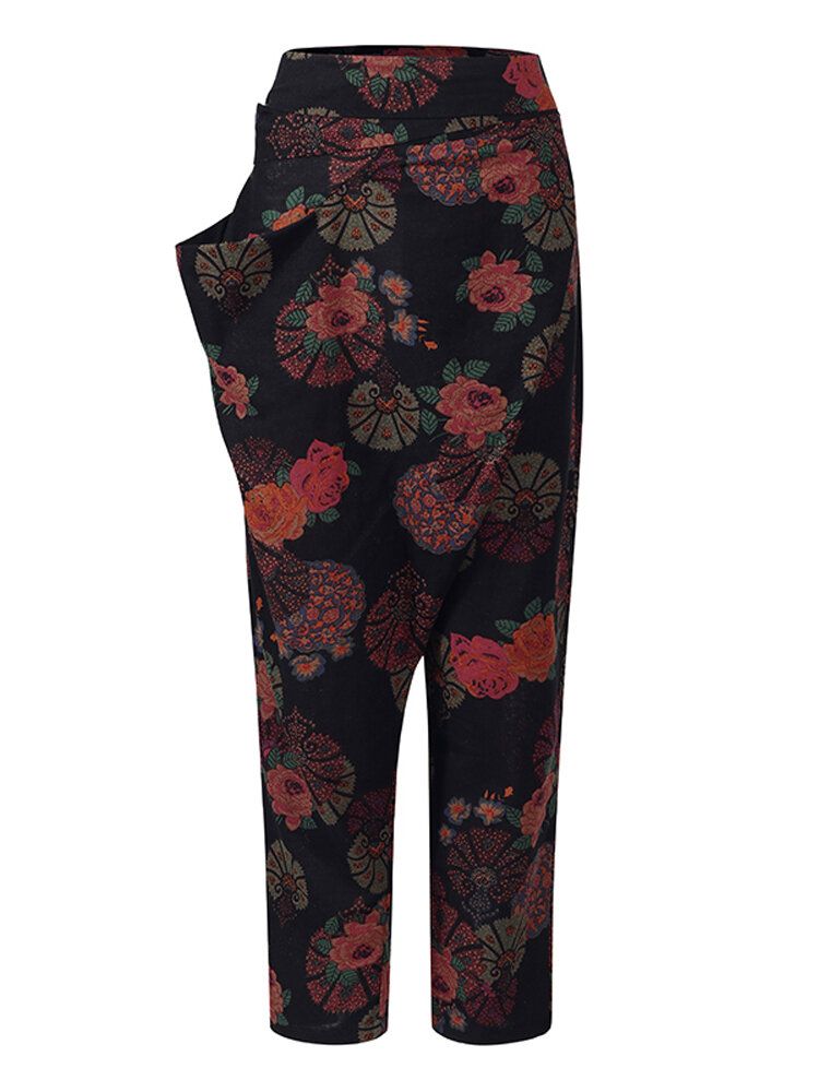 Pantalones Harem Casuales Irregulares Con Bolsillo Grande Con Cinturón Y Cintura Alta Con Estampado Floral Y Cremallera Para Mujer