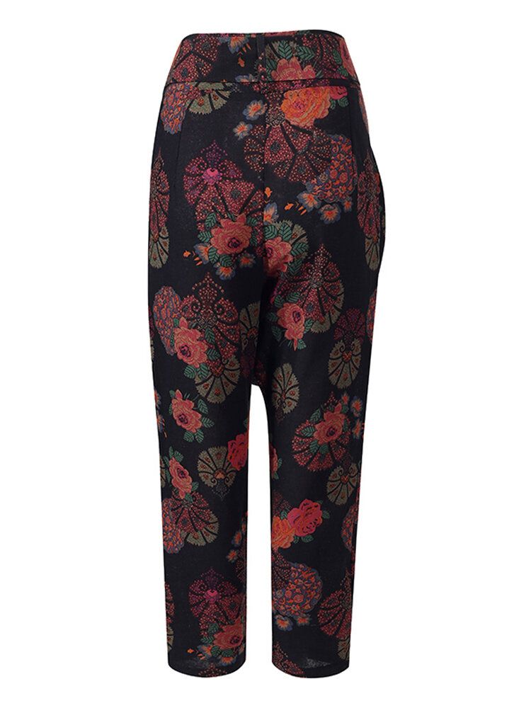 Pantalones Harem Casuales Irregulares Con Bolsillo Grande Con Cinturón Y Cintura Alta Con Estampado Floral Y Cremallera Para Mujer